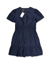 Quince Women's NEW Navy Blue Organic Cotton Tiered Mini Dress M