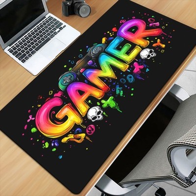 40*90cm Colorful GAMER Text Art Desk Mat - Non-Slip Rubber Base, XXL Gaming & Of