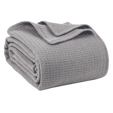 100 Cotton Blankets for Bed - Waffle Weave Queen 90" x 90" Light Grey