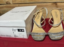 Badgley Mischka Jeweled Silver Satin Ankle Strap Sandals, Womens Sz 9M EUC