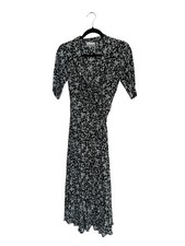 Ganni Womens Wrap Dress Black Floral Collared Short Sleeve Mid-Calf Size 36/S