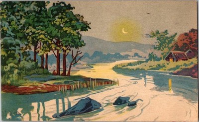 Postcard Night Time River Scene and Cottage Woodblock Postmark Nippon Japan 193