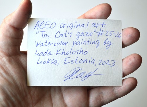 Wilde und neugierige Katze Mini Portrait ACEO in hellen Farbtönen - Bild 4 von 4
