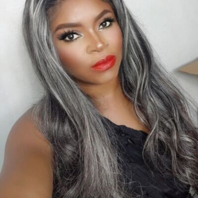 Fashion Black With Grey Highlight Long Wavy Wigs Synthetic Hair Wig No Lace Soft