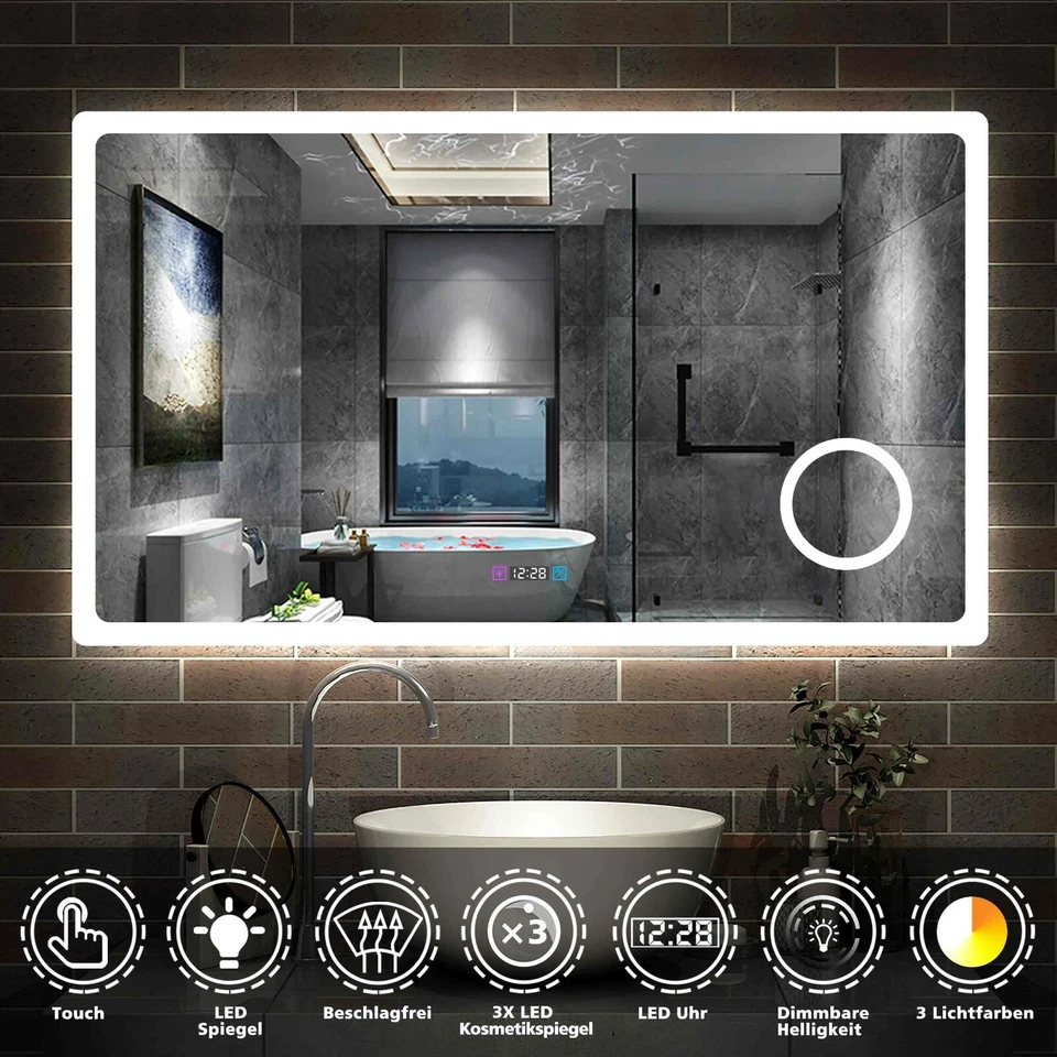 Badspiegel LED Badezimmerspiegel Touch Beschlagfrei Uhr Makeup Lichtspiegel ab50