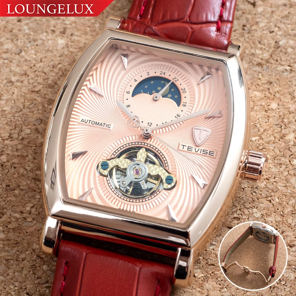 Reloj mecánico automático fase lunar oro rosa para hombre cuero rojo esfera 24 horas Foto 2 de 4