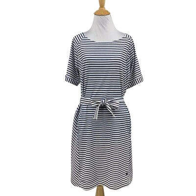 Helly Hansen Dress Womens S Small White Navy Striped Short Sleeve Tie Front Mini