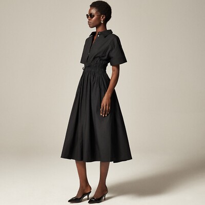 NWT!! J. CREW Elena Midi Shirtdress Cotton Poplin Solid Black Shirt Dress Size 6