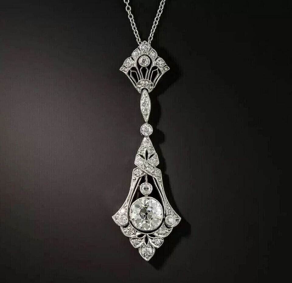 2.70Ct Art Deco Style Round Diamond Engagement Wedding 14K White Gold FN Pendant
