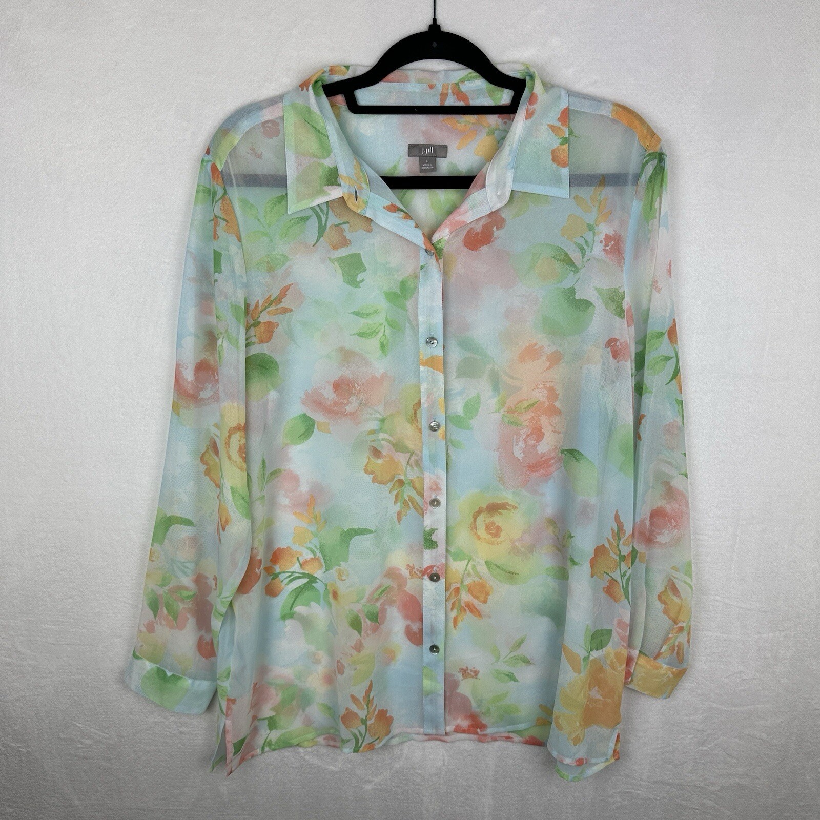 J Jill Women's Top Size Large Sheer Floral Button Up Long Sleeve Blouse Beachy