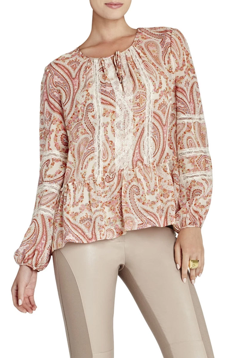NEW BCBG MAX AZRIA CERISE PRINTED SILK PEASANT TOP JNL1Q777 AS318