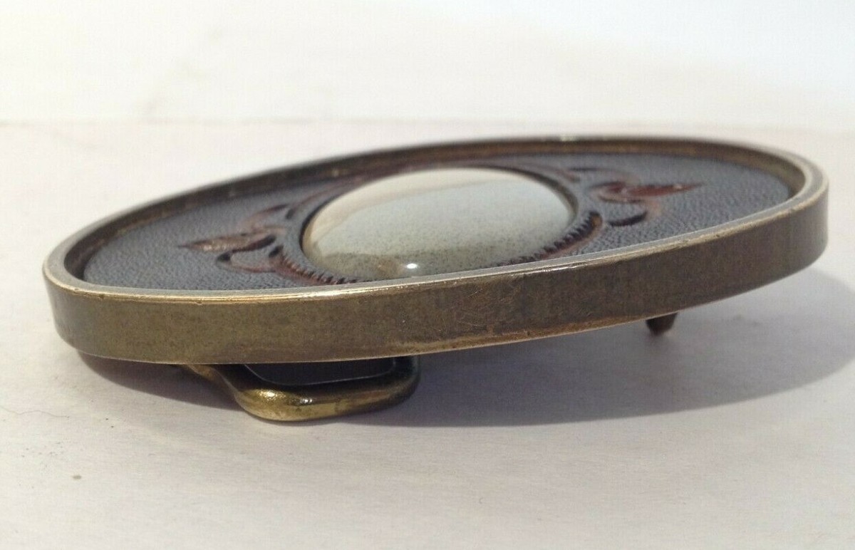 BTS Vintage Brass Belt Buckle w/ Polished Wood and Stone 