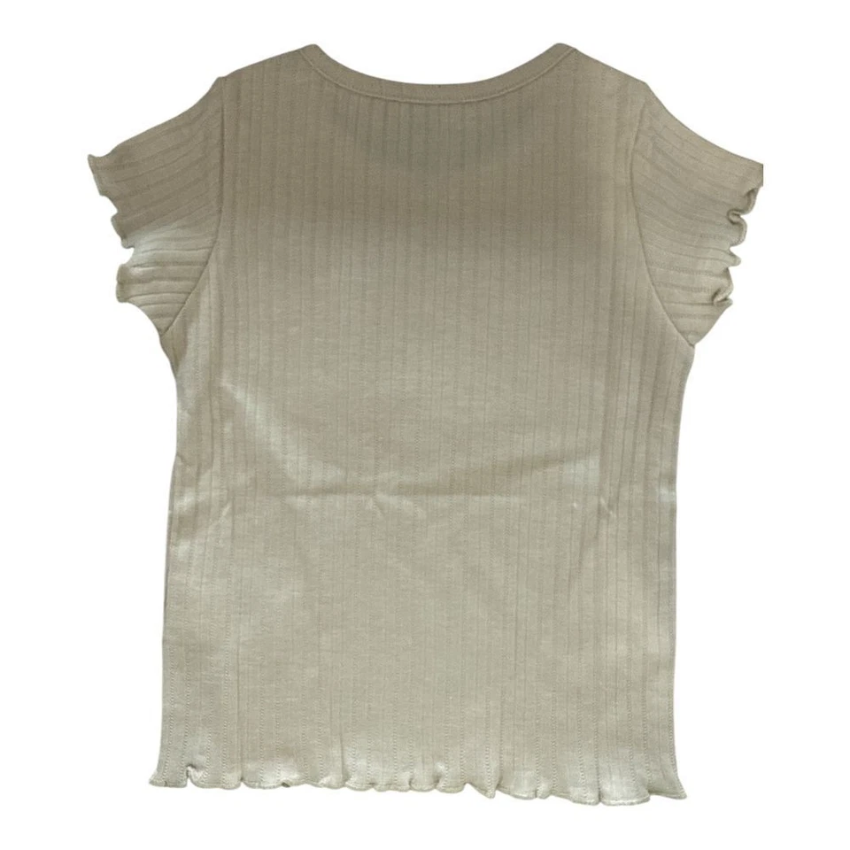 Camiseta acanalada DKNY para niñas con logotipo de lentejuelas doradas manga con volantes top crema 2T Foto 2 de 3