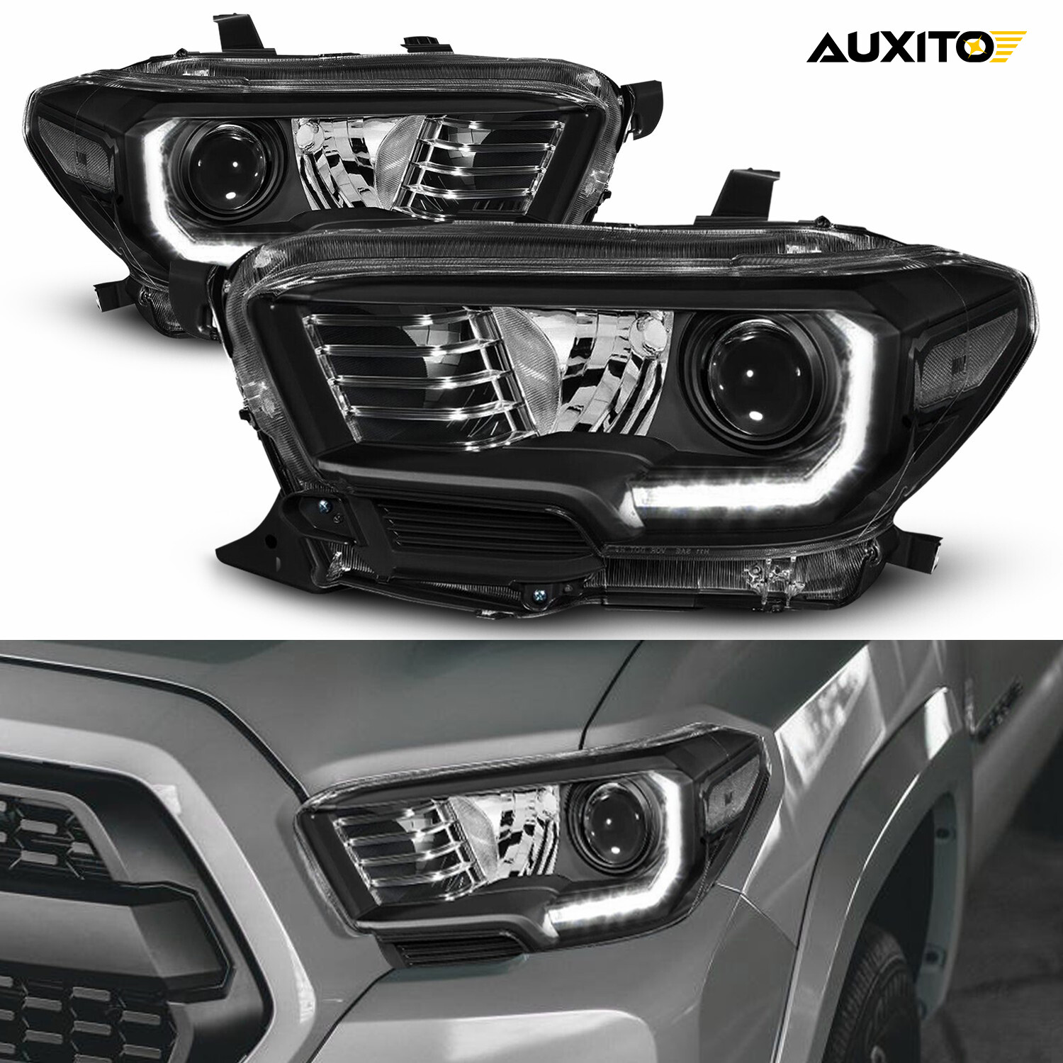 Headlights Headlamp Black Housing W/ LED DRL For 2016-2022 Toyota Tacoma Pair