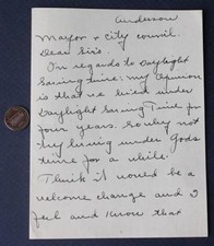 1940s Anderson Indiana handwritten letter to Mayor about Daylight Savings time--