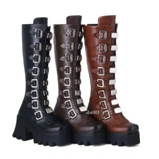 Women's Punk Retro Shoes Fashion Knee High Knight Boots Block High Heel Street