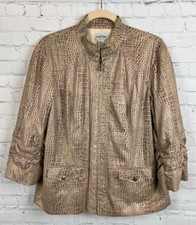 CHICO'S beige 3/4 gathered sleeve animal print full zip jacket blazer 2 12 L 