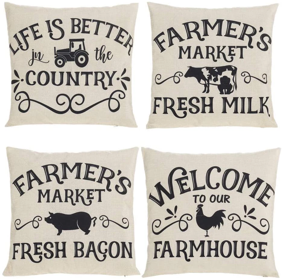 Set of 4 Farm Throw Pillow Covers, Home Decoration for Sofa Couch (18x18 inches)