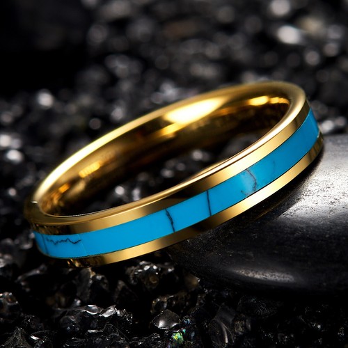 18K Gold Tungsten Carbide Band Men Women 4mm Turquoise Engagement Ring Size 5-14 - Picture 10 of 14