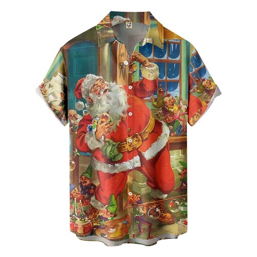 Mens Christmas Xmas Short Sleeve Tee Shirt V-Neck Polo T-shirt Santa Hawaii Tops - Imagen 22 de 55