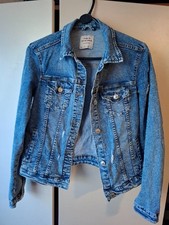 Women  s Cropped Denim Jacket XS Blue Fitted Trucker Jean Jacket Button Up