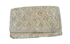 Vintage 1950's Clutch Handbag Off White Beads Sequins Bridal Prom Cocktail Purse