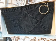 Vintage Genuine Corde Clutch Zipper Purse Black Corded Evening Formal 40s 50s