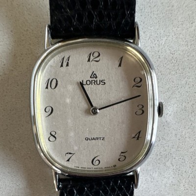 lorus quartz unisex cushion watch black leather strap silver case classic
