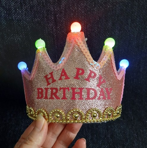 Happy Birthday LIGHT UP Tiara Crown Glittery Pink Felt Novelty Dress-Up CUTE