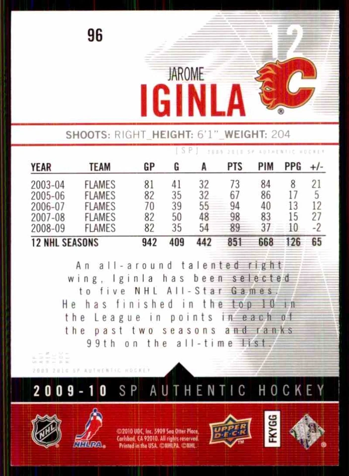 2009-10 SP AUTHENTIC JAROME IGINLA #96 - Image 2 of 2