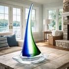 Vtg Murano Style Art Glass Sailboat Sculpture - Blue Green Clear - 1990s -12”x8”