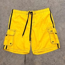 Ocean Pacific OP Mens Cargo Board Shorts Yellow Y2K Swim Trunks Large 36-38