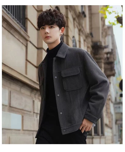 Men’s Corduroy Jacket | Korean Style Casual Spring & Fall Button-Up Coat - Picture 10 of 16