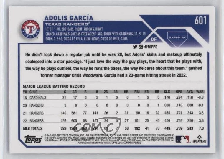 2023 Topps Chrome Sapphire Edition Adolis Garcia Adolis García #601 - Image 2 of 2