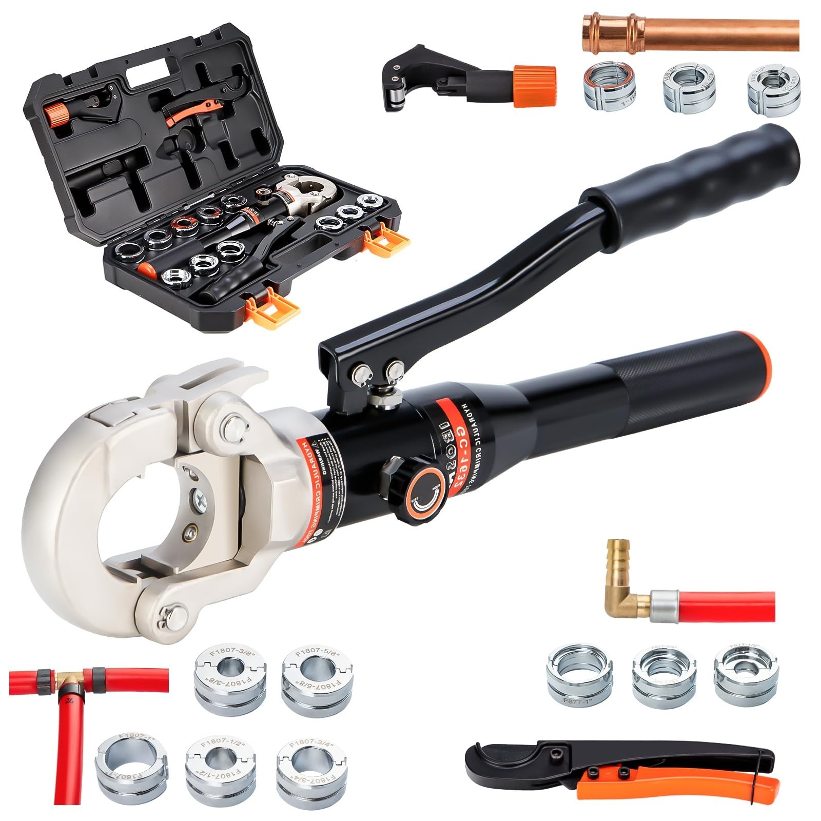 Copper Pipe Tube Fittings Crimping Tool with1/2,3/4,1" Dies for Copper Pipe and 