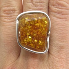 925 Sterling Silver Vintage European Real Amber Modernist Ring Size 6.75
