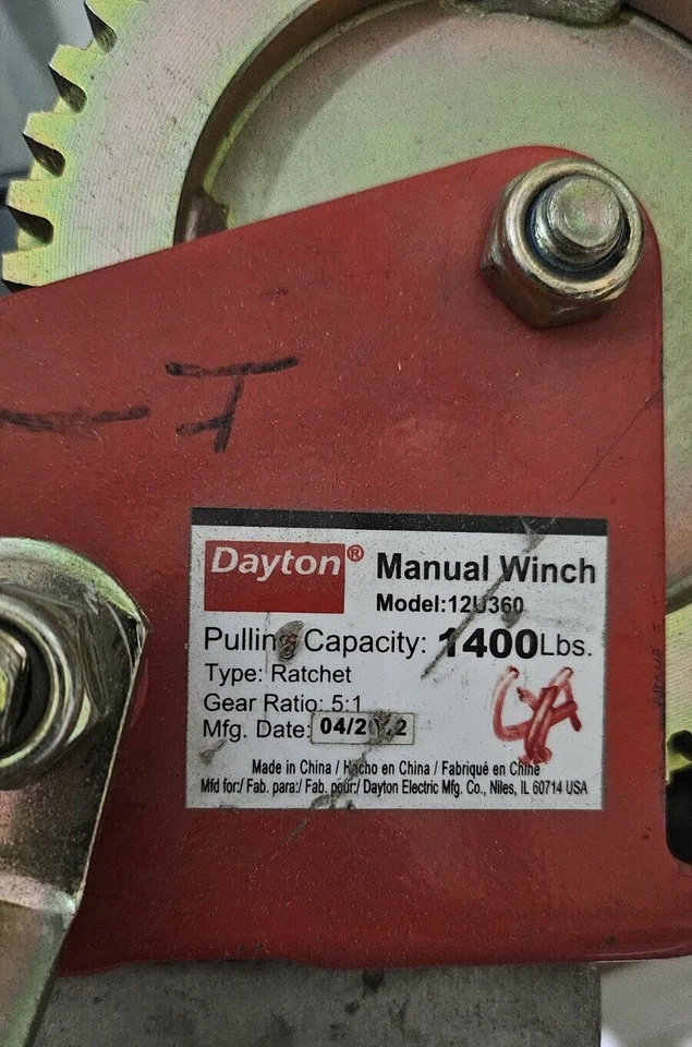 Cabrestante de freno manual Dayton 12U360 relación de transmisión 5:1 1400 libras capacidad de tracción Foto 2 de 4