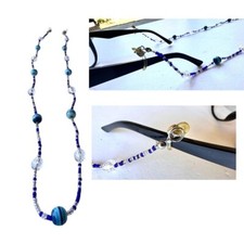VTG Handmade Blue Beaded Eyeglass Holder Reading Glasses Jewelry New 28 in L
