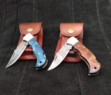 Custom Made Damascus Steel Tactical Folding Pocket Knife With Leather Sheath