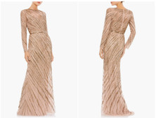 MAC DUGGAL 5240 BEADED LONG SLEEVE TULLE MOCHA COLUMN GOWN sz 18
