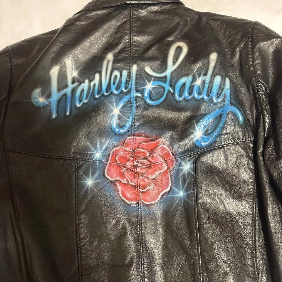 Chaqueta de cuero Harley Lady Berman para mujer talla XS/8 negra bolsillos con cremallera completa Foto 2 de 4