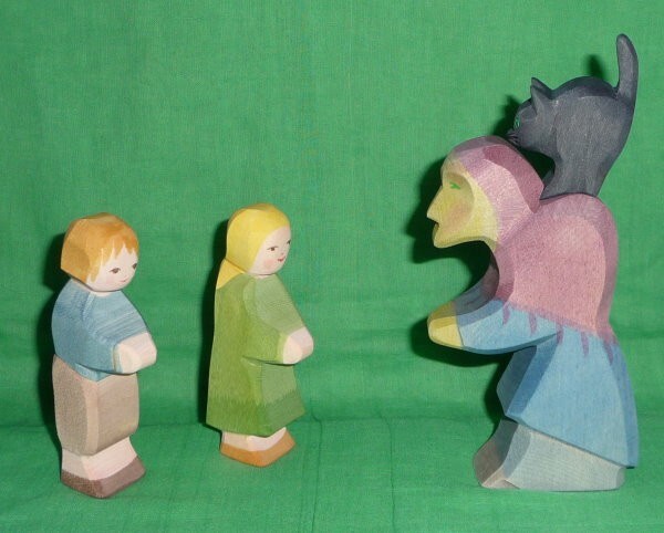 Ostheimer MäRchen Figur, Holzfigur, Mensch, HäNsel, Gretel Und Hexe Mit Katze-image