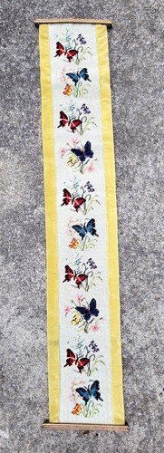 Vintage Needlepoint Bell Pull Victorian Tapestry Butterfly Wall Hang Jacmore End - Picture 5 of 17