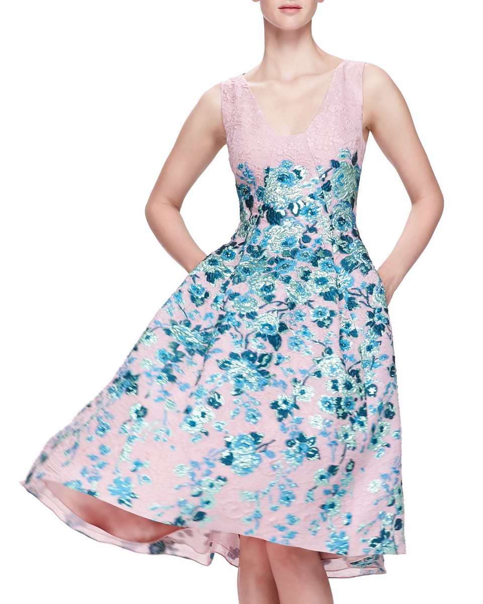 New LELA ROSE Jacquard Floral Nude Blush Green Metallic V Neck Dress 4 6 8  10 | eBay