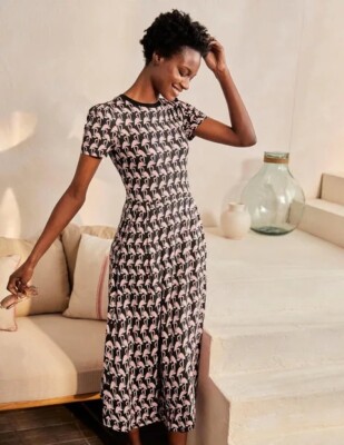 Boden Lucinda Jersey Midi Dress Flamingo Print US 16/18R