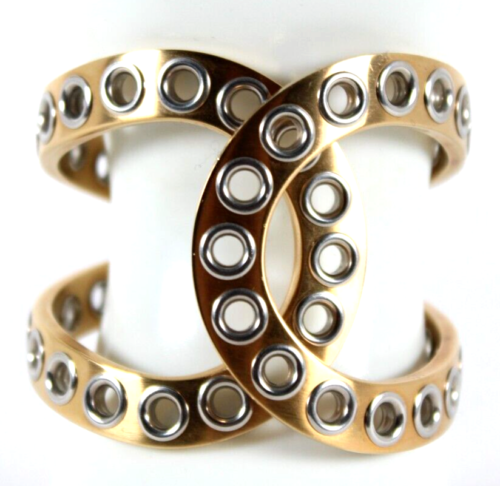 CHANEL 16A Two-Tone Gold Metal & Silver Grommet Detail CC Hinged Cuff Bracelet