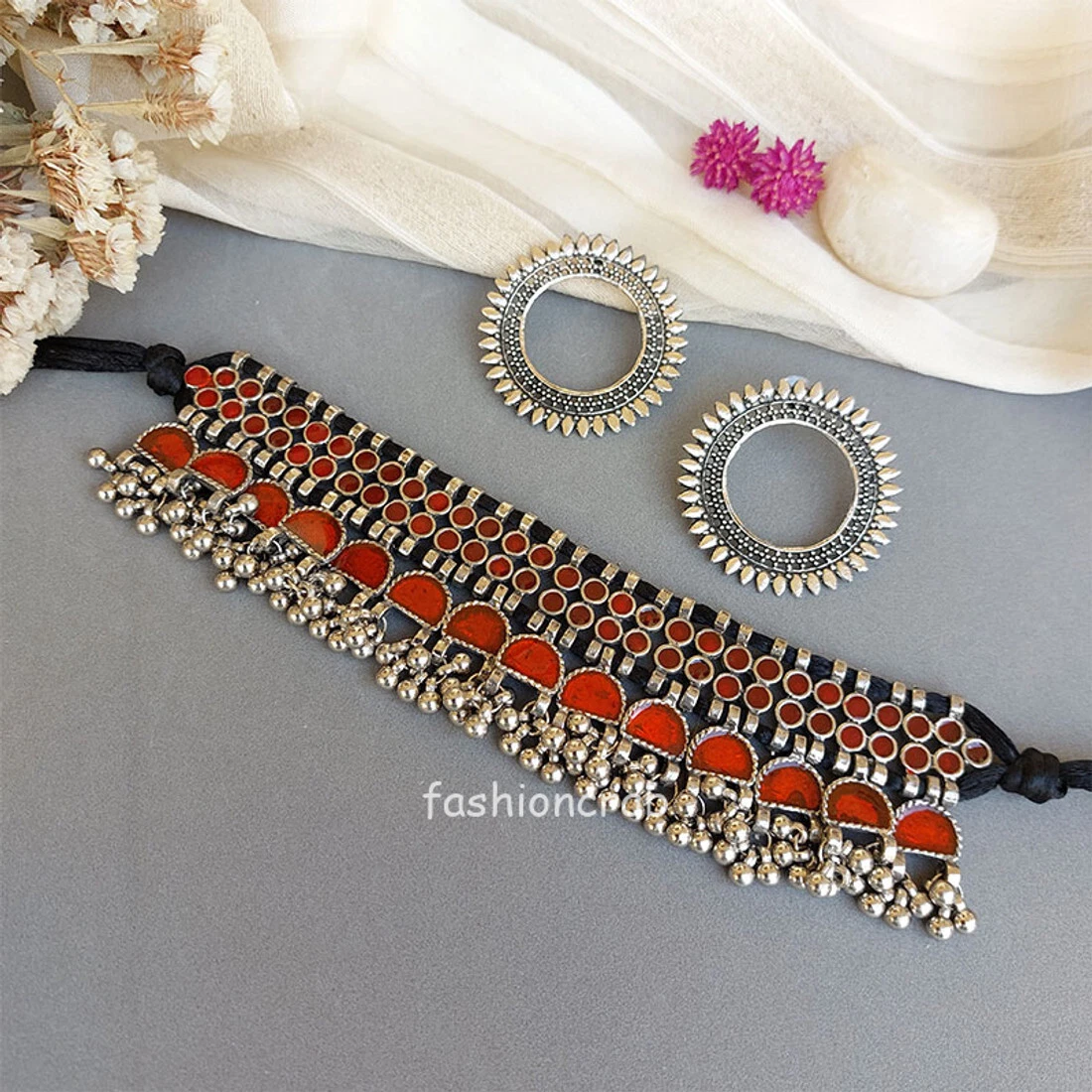 Kemp Stones Choker Necklace with Matching Earring Set for Saree Salwar