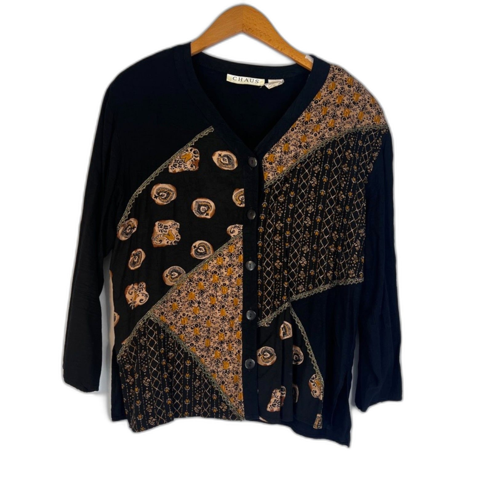 Chaus Mixed Print Patchwork Patchy Button Front V… - image 1