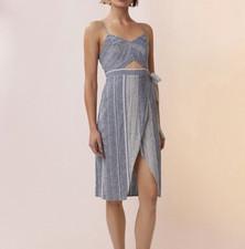 EXPRESS Striped Cut-Out Linen-Blend Midi Dress Size 0 Chambray Blue Faux Wrap