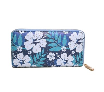 Island Sense Hibiscus Full Zip Around Wallet Blue & White Large Tropical NWT